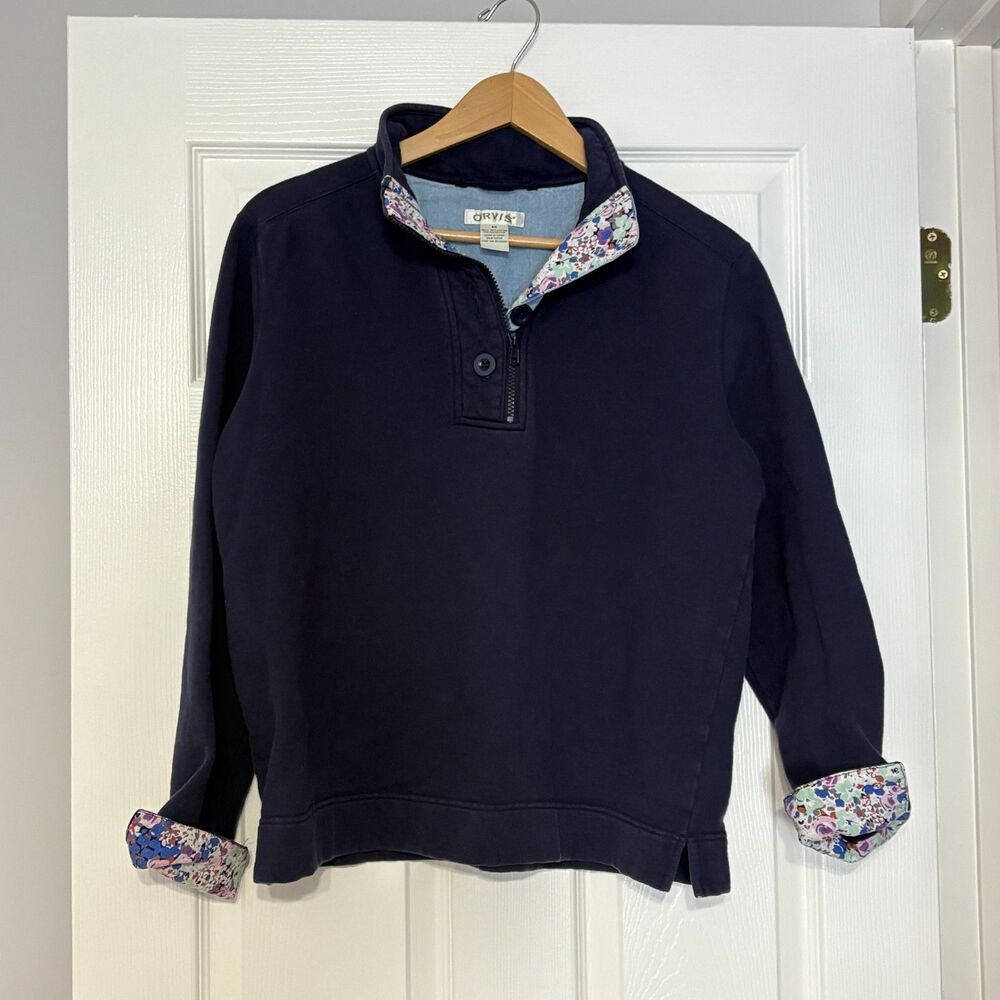 Orvis Quarter Zip Sweatshirt Women’s Med Navy Blue Flip Cuff Floral Pattern